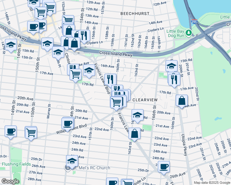 map of restaurants, bars, coffee shops, grocery stores, and more near 17-53 160th Street in Queens