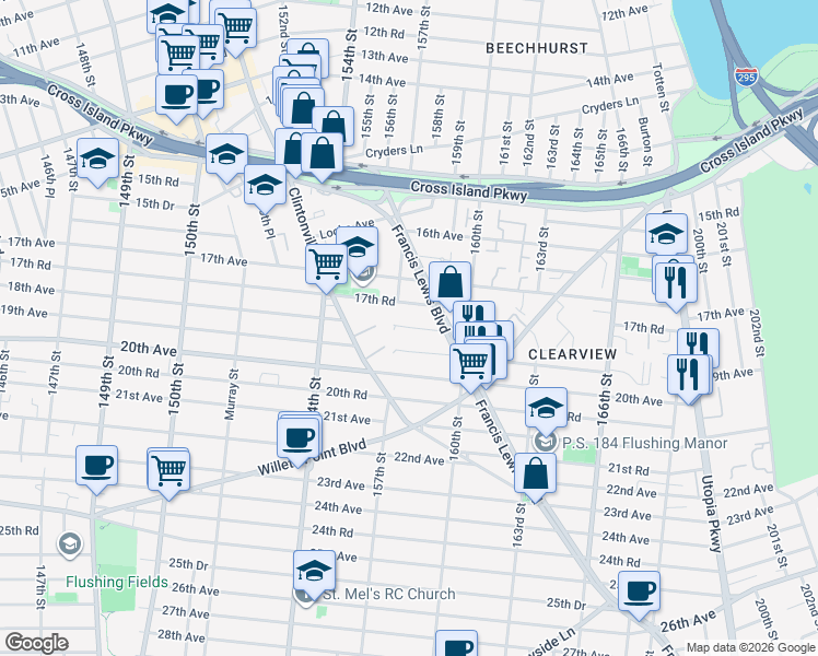 map of restaurants, bars, coffee shops, grocery stores, and more near 157-33 18th Avenue in Queens