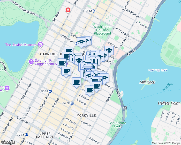 map of restaurants, bars, coffee shops, grocery stores, and more near 240 East 93rd Street in New York
