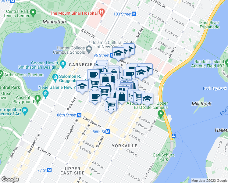 map of restaurants, bars, coffee shops, grocery stores, and more near 1625 3rd Avenue in New York