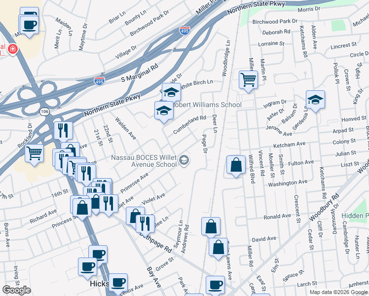 map of restaurants, bars, coffee shops, grocery stores, and more near 8 Sutherland Road in Hicksville