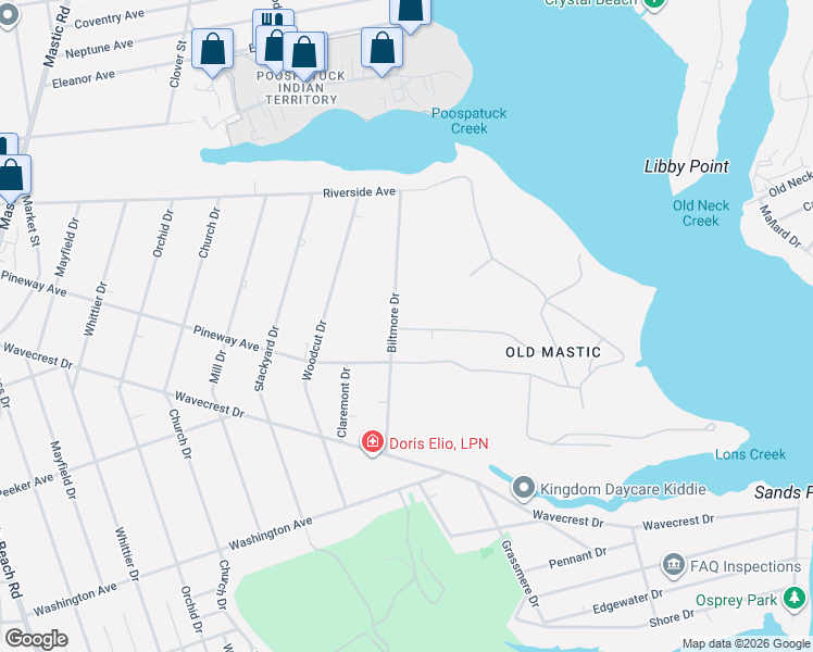 map of restaurants, bars, coffee shops, grocery stores, and more near 46 Biltmore Drive in Mastic Beach