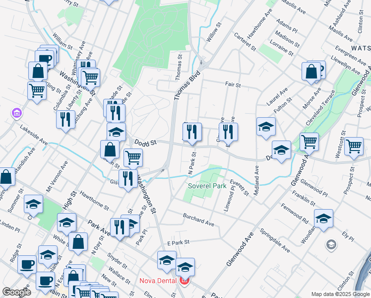 map of restaurants, bars, coffee shops, grocery stores, and more near in East Orange