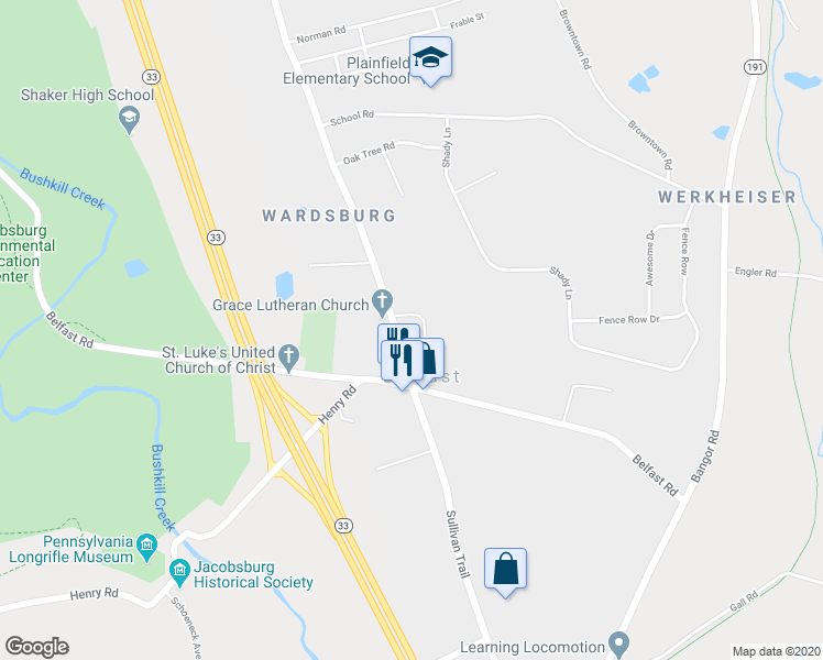 map of restaurants, bars, coffee shops, grocery stores, and more near 5902 Sullivan Trail in Nazareth