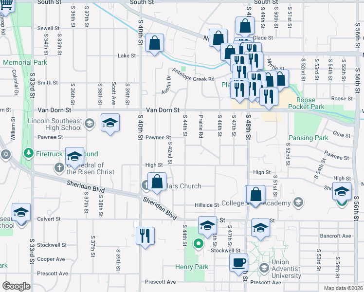 map of restaurants, bars, coffee shops, grocery stores, and more near 3025 South 44th Street in Lincoln