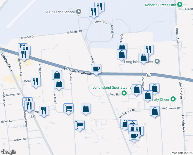 map of restaurants, bars, coffee shops, grocery stores, and more near 4180 Veterans Memorial Highway in Bohemia