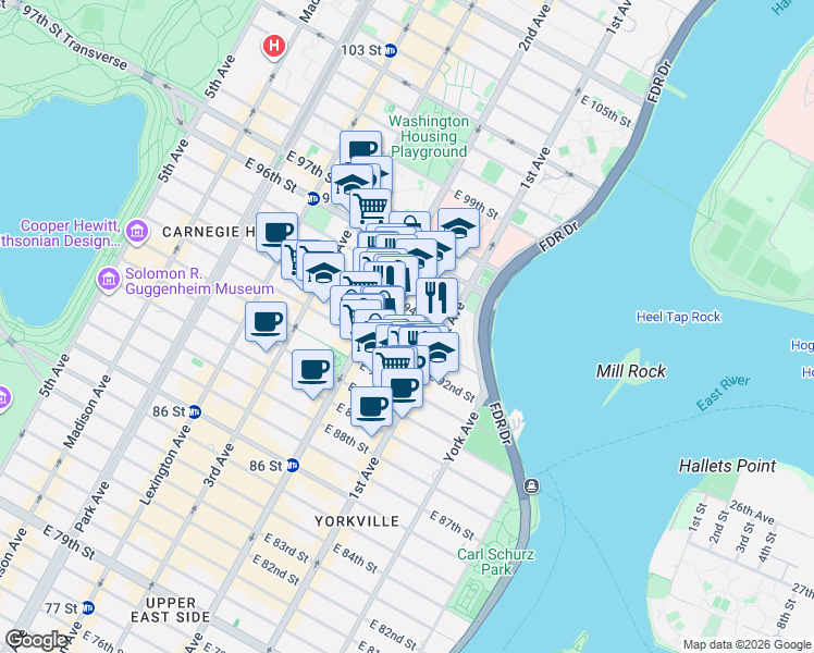 map of restaurants, bars, coffee shops, grocery stores, and more near 327 East 93rd Street in New York