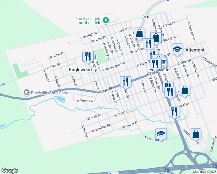 map of restaurants, bars, coffee shops, grocery stores, and more near 521 West Oak Street in Frackville