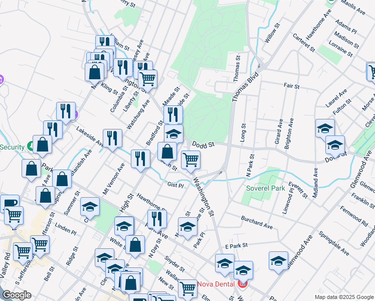 map of restaurants, bars, coffee shops, grocery stores, and more near 350 Washington Street in City of Orange