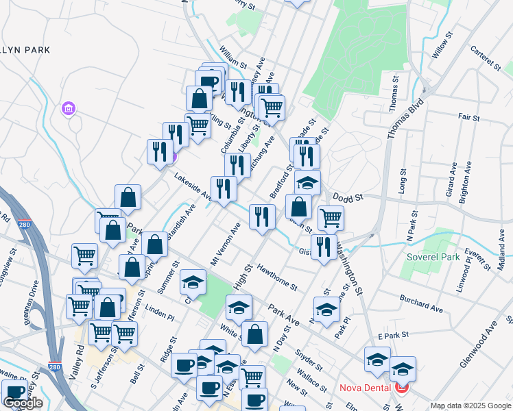 map of restaurants, bars, coffee shops, grocery stores, and more near 442 Alden Street in City of Orange
