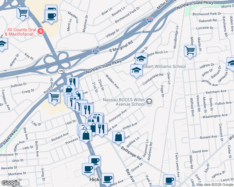 map of restaurants, bars, coffee shops, grocery stores, and more near 60 Elmtree Lane in Jericho