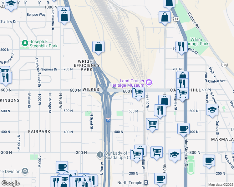 map of restaurants, bars, coffee shops, grocery stores, and more near 601 600 North in Salt Lake City