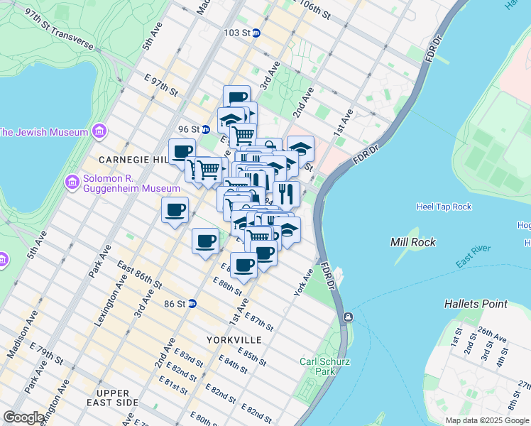 map of restaurants, bars, coffee shops, grocery stores, and more near 327 East 93rd Street in New York