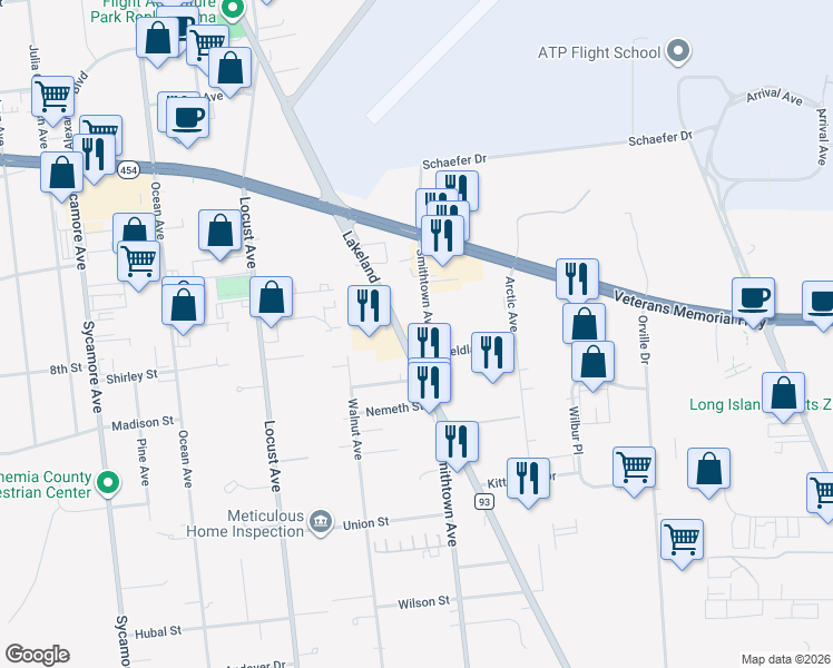 map of restaurants, bars, coffee shops, grocery stores, and more near 1565 Lakeland Avenue in Bohemia
