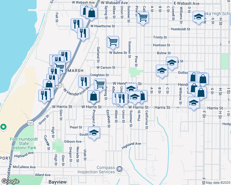 map of restaurants, bars, coffee shops, grocery stores, and more near 435 West Russ Street in Eureka