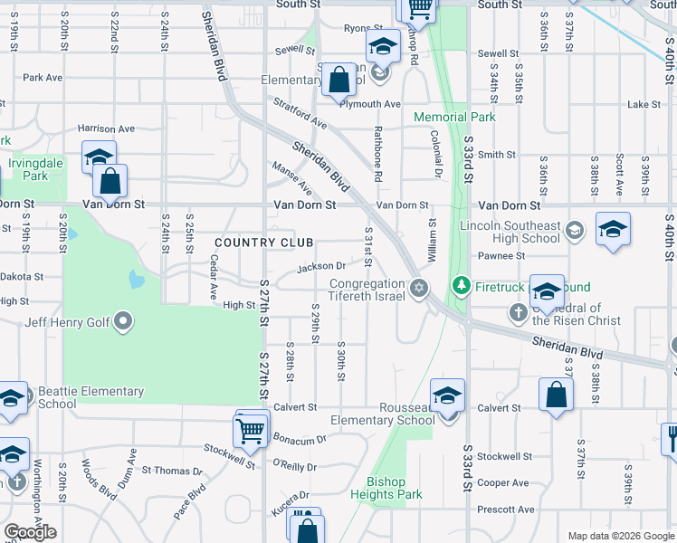 map of restaurants, bars, coffee shops, grocery stores, and more near 2925 Jackson Drive in Lincoln