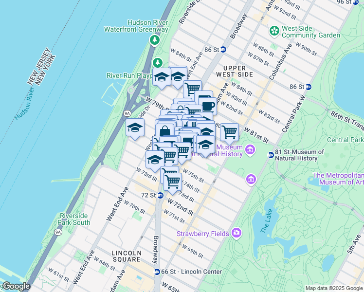 map of restaurants, bars, coffee shops, grocery stores, and more near 206 West 77th Street in New York