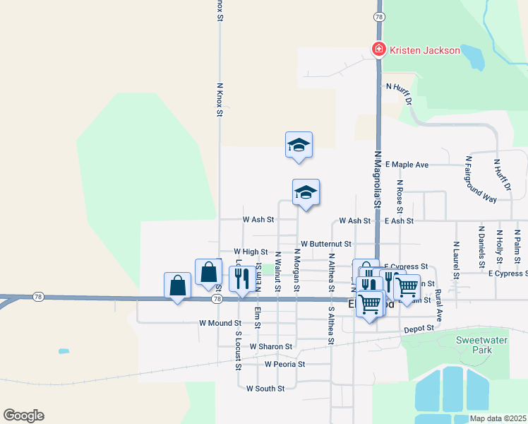 map of restaurants, bars, coffee shops, grocery stores, and more near 507 West Ash Street in Elmwood