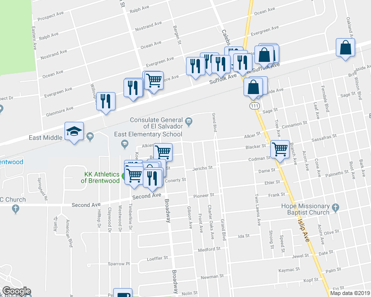 map of restaurants, bars, coffee shops, grocery stores, and more near 127 Gibson Avenue in Brentwood