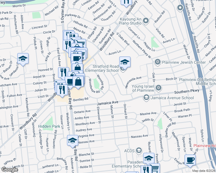 map of restaurants, bars, coffee shops, grocery stores, and more near 34 Knickerbocker Road East in Plainview