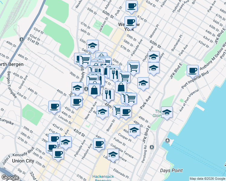 map of restaurants, bars, coffee shops, grocery stores, and more near 402 50th Street in West New York