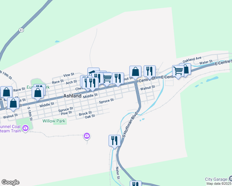 map of restaurants, bars, coffee shops, grocery stores, and more near 529 Walnut Street in Ashland