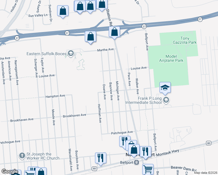 map of restaurants, bars, coffee shops, grocery stores, and more near 812 Bayview Avenue in Bellport