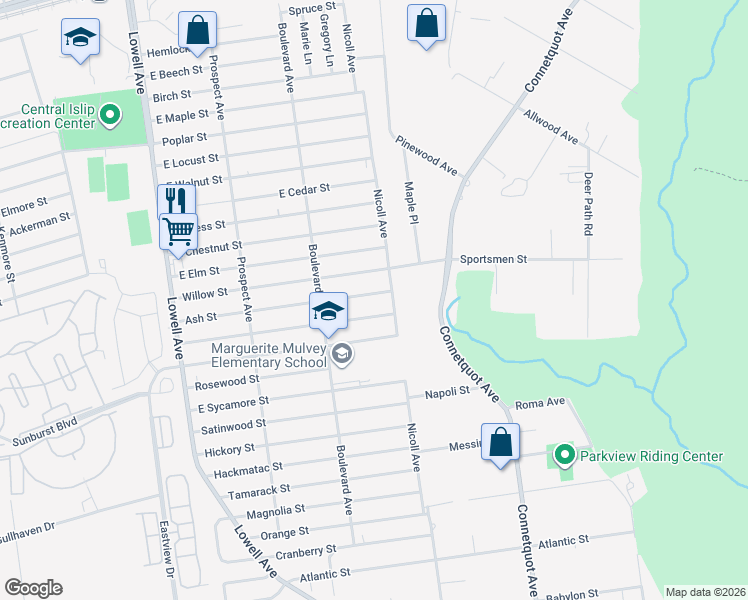 map of restaurants, bars, coffee shops, grocery stores, and more near 56 Ash Street in Central Islip
