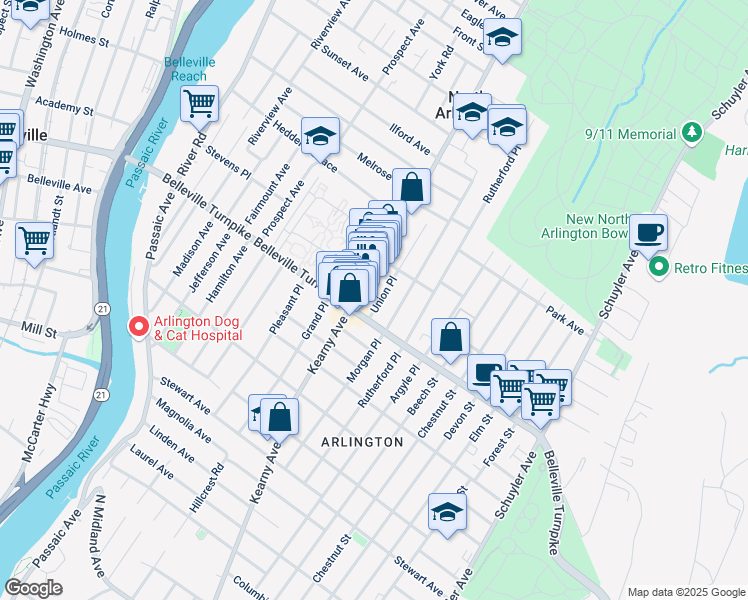 map of restaurants, bars, coffee shops, grocery stores, and more near 15 Union Place in North Arlington
