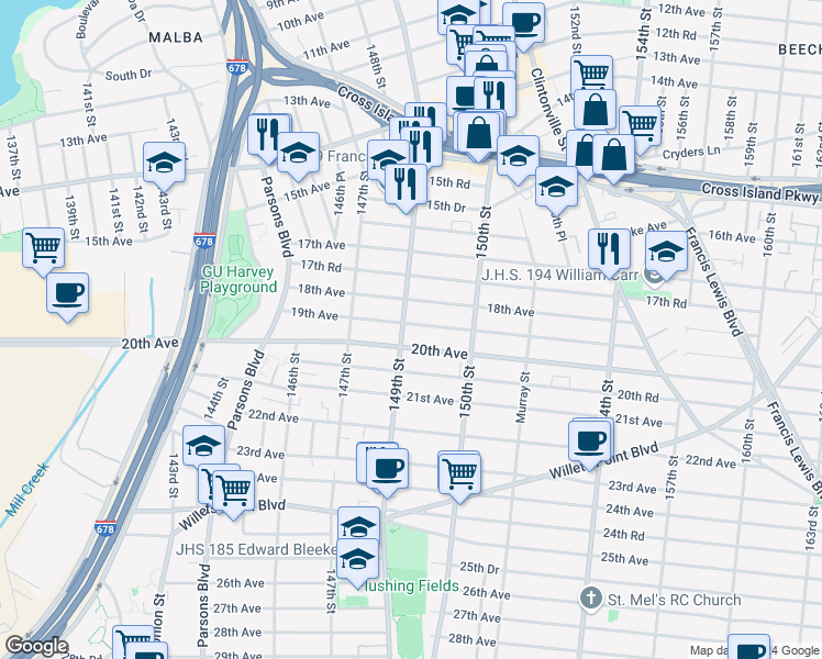 map of restaurants, bars, coffee shops, grocery stores, and more near 19-01 149th Street in Queens