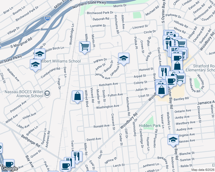 map of restaurants, bars, coffee shops, grocery stores, and more near 39 Ketcham Avenue in Hicksville