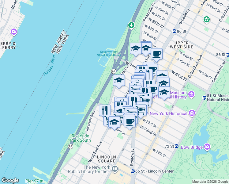 map of restaurants, bars, coffee shops, grocery stores, and more near 23 Riverside Drive in New York
