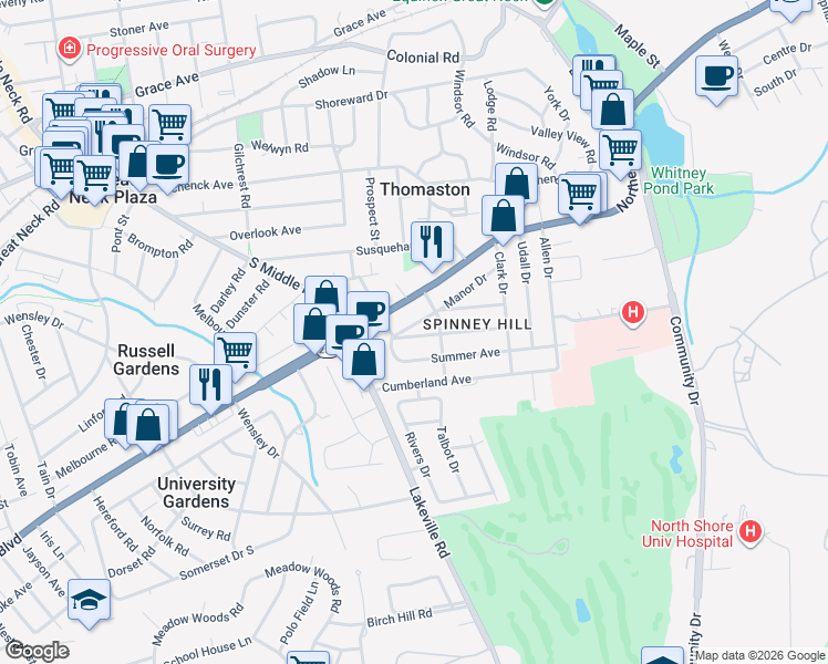 map of restaurants, bars, coffee shops, grocery stores, and more near 95 Manor Drive in Great Neck