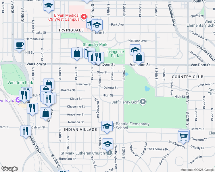 map of restaurants, bars, coffee shops, grocery stores, and more near 1844 Dakota Street in Lincoln