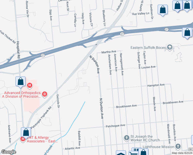map of restaurants, bars, coffee shops, grocery stores, and more near 648 North Dunton Avenue in Patchogue