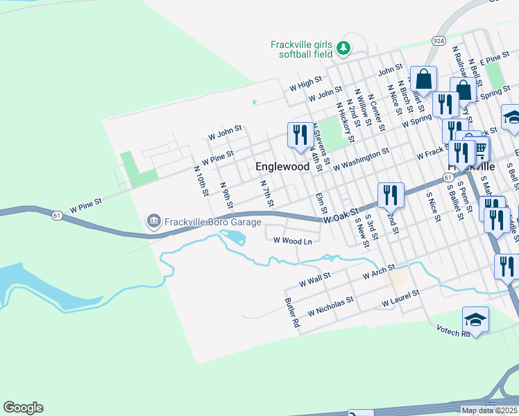 map of restaurants, bars, coffee shops, grocery stores, and more near 847 West Oak Street in Frackville