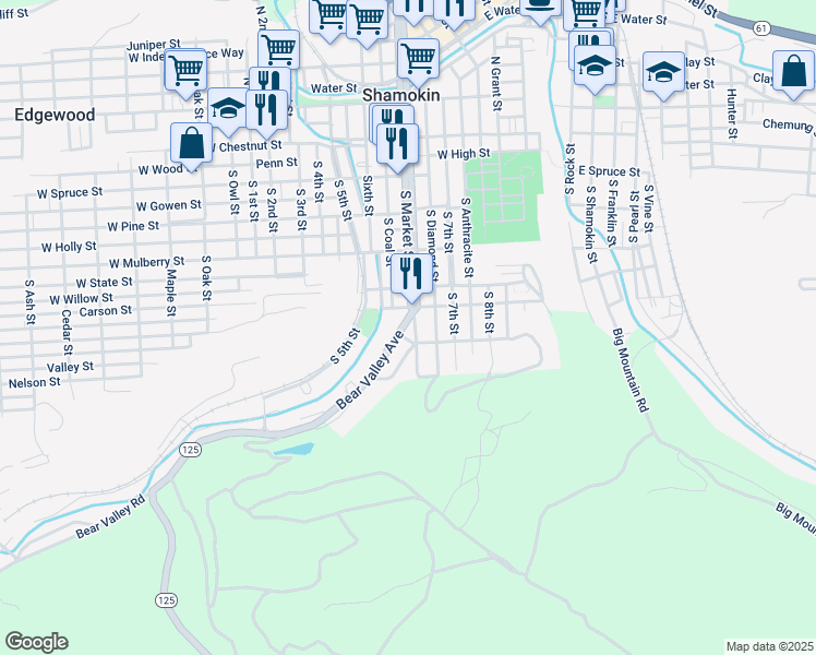 map of restaurants, bars, coffee shops, grocery stores, and more near 521 Bear Valley Avenue in Shamokin
