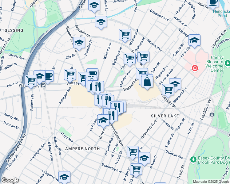 map of restaurants, bars, coffee shops, grocery stores, and more near 209 Watsessing Avenue in Bloomfield