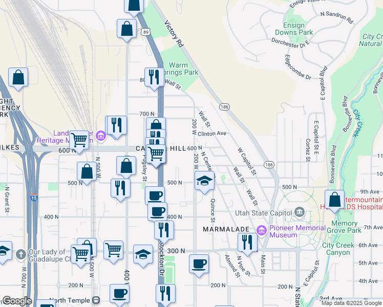 map of restaurants, bars, coffee shops, grocery stores, and more near 575 North 200 West in Salt Lake City