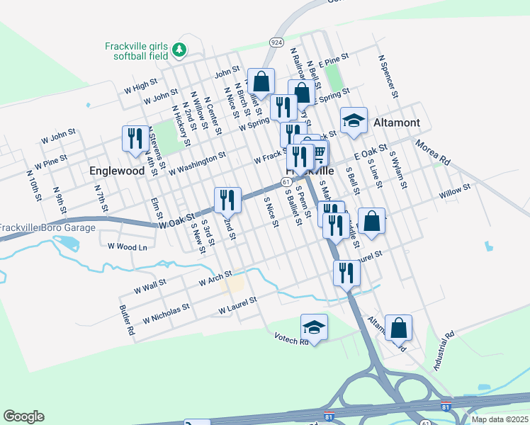 map of restaurants, bars, coffee shops, grocery stores, and more near 138 S Nice St in Frackville