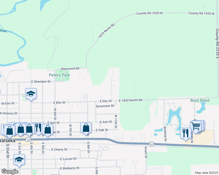 map of restaurants, bars, coffee shops, grocery stores, and more near 551 North Clarence Avenue in Watseka