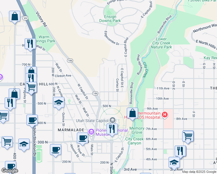 map of restaurants, bars, coffee shops, grocery stores, and more near De Soto Street in Salt Lake City