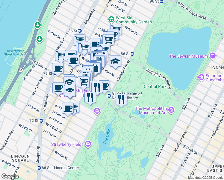 map of restaurants, bars, coffee shops, grocery stores, and more near 4 West 81st Street in New York