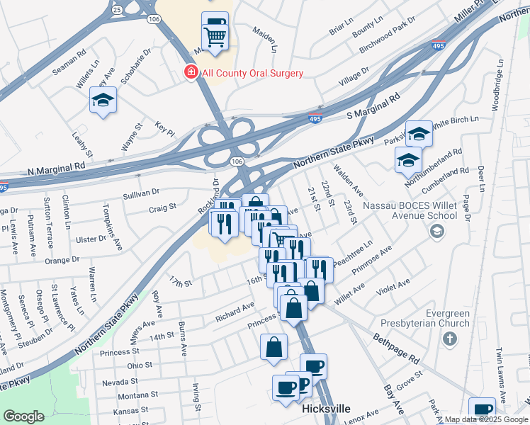 map of restaurants, bars, coffee shops, grocery stores, and more near 375 North Broadway in Jericho
