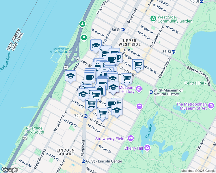 map of restaurants, bars, coffee shops, grocery stores, and more near 371 Amsterdam Avenue in New York