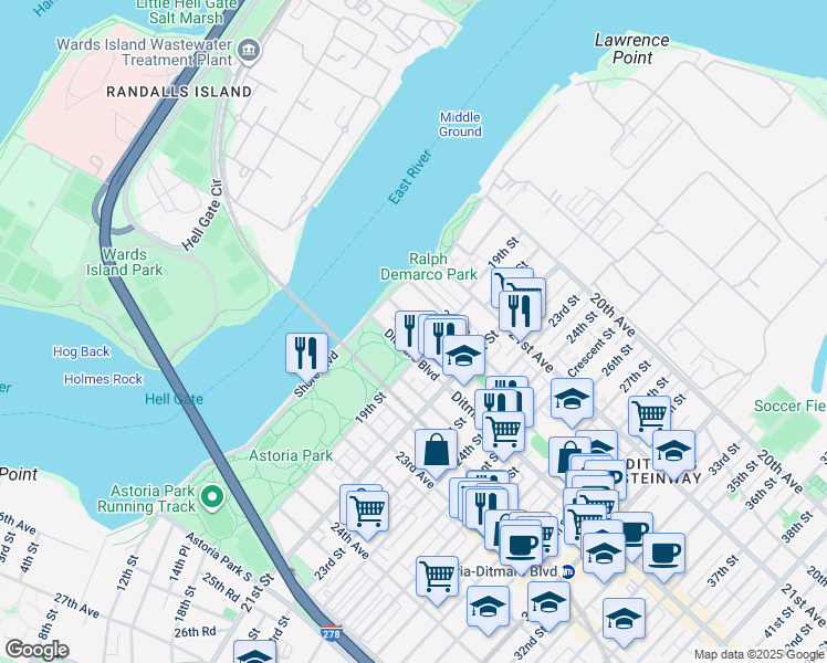 map of restaurants, bars, coffee shops, grocery stores, and more near 18-37 Ditmars Boulevard in Queens