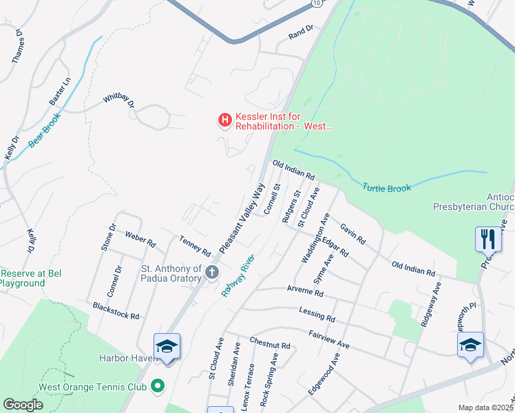 map of restaurants, bars, coffee shops, grocery stores, and more near 1294 Pleasant Valley Way in West Orange