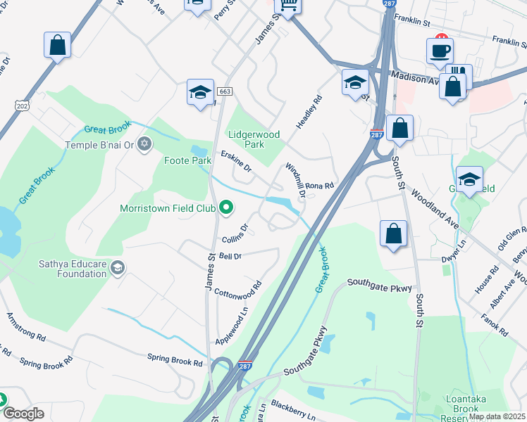 map of restaurants, bars, coffee shops, grocery stores, and more near 33 Windmill Drive in Morristown