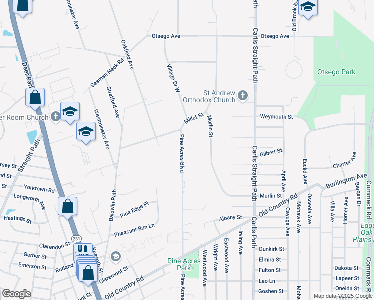 map of restaurants, bars, coffee shops, grocery stores, and more near 299 Pine Acres Boulevard in Dix Hills