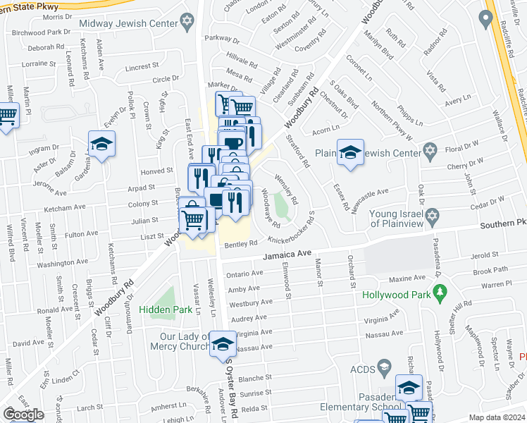 map of restaurants, bars, coffee shops, grocery stores, and more near 17 Woodwaye Road in Plainview